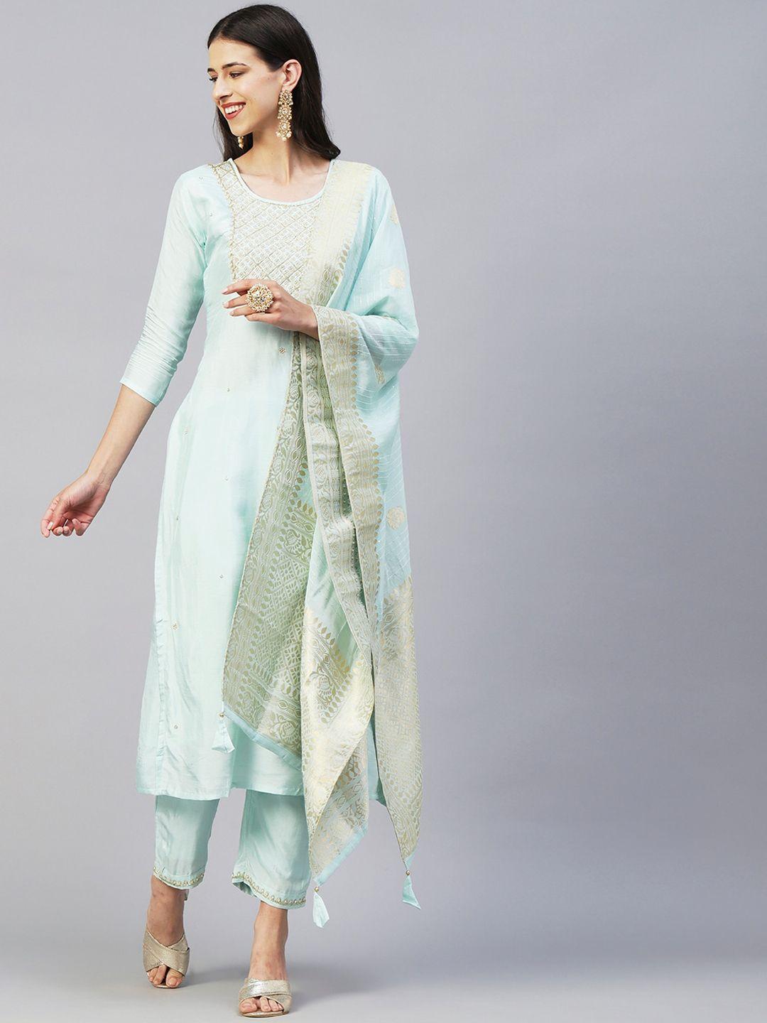 fashor sea green & silver embroidered zardozi kurta with trousers & dupatta