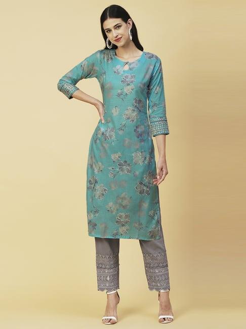 fashor sea green cotton floral print straight kurta