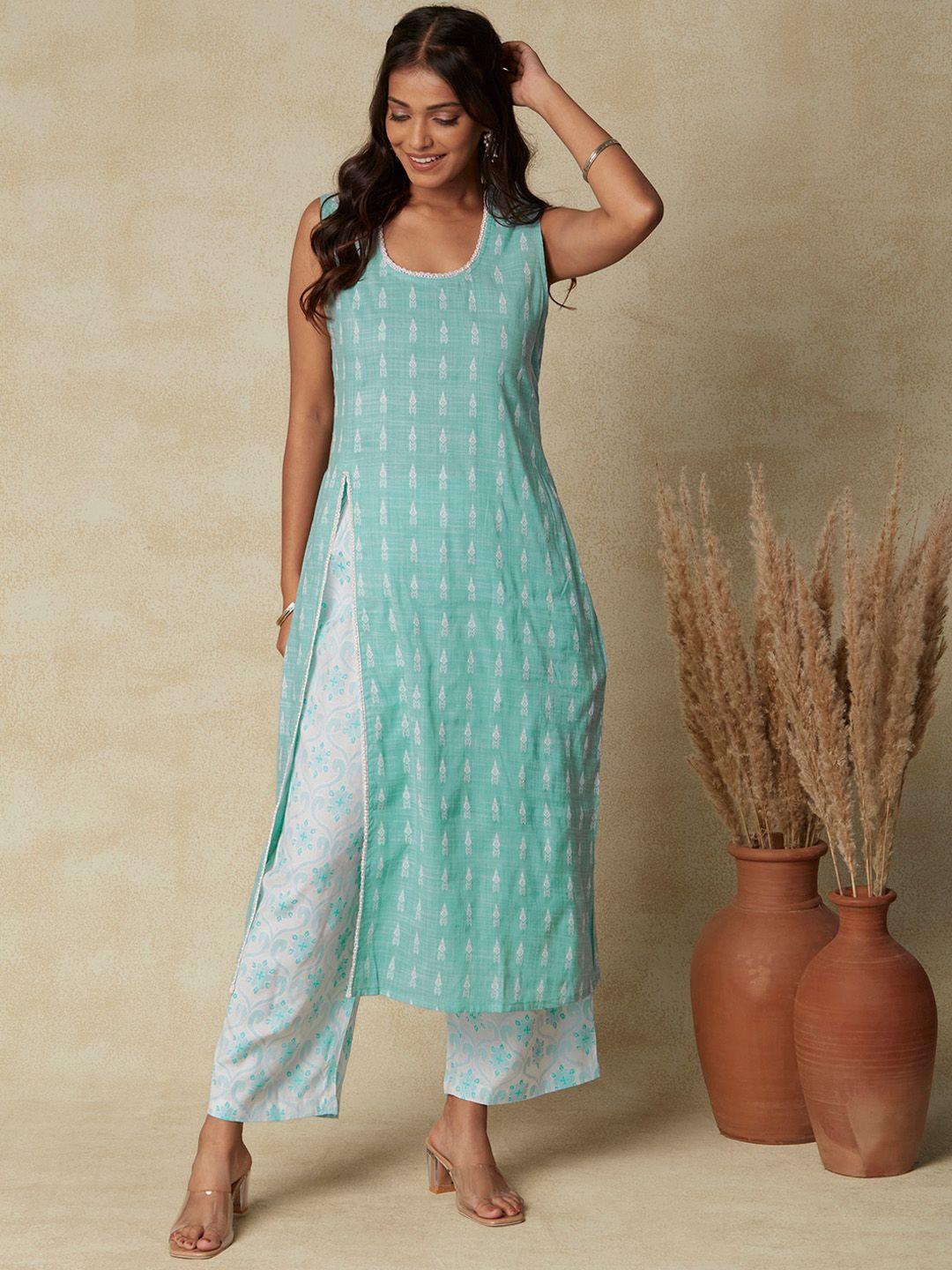 fashor sea green ethnic motif woven design high slit straight linen kurta with palazzos