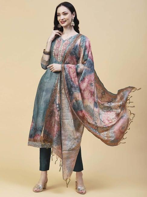 fashor sea green printed kurta pant set with dupatta