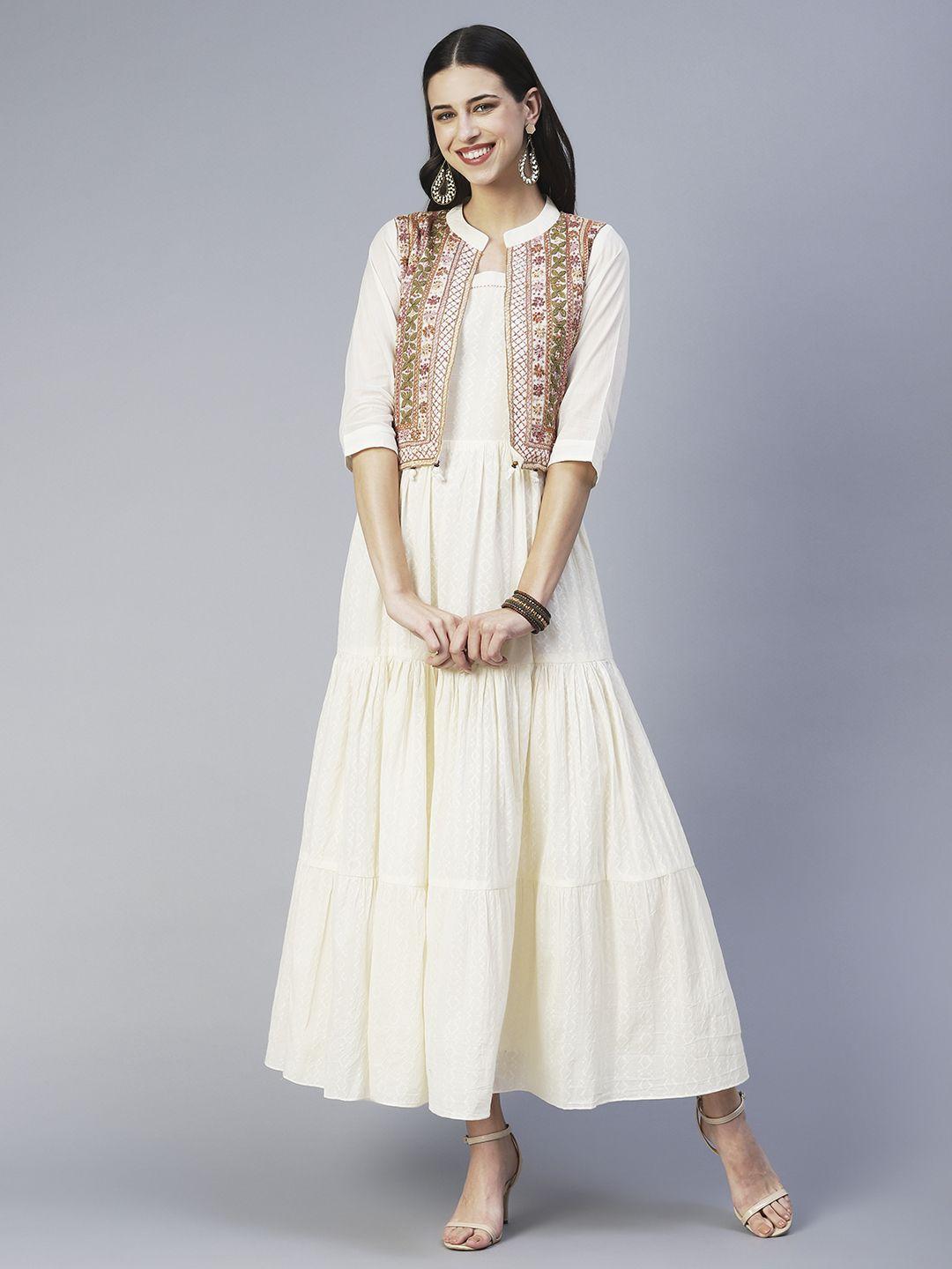 fashor self design cotton a-line ethnic dress with embroidered jacket