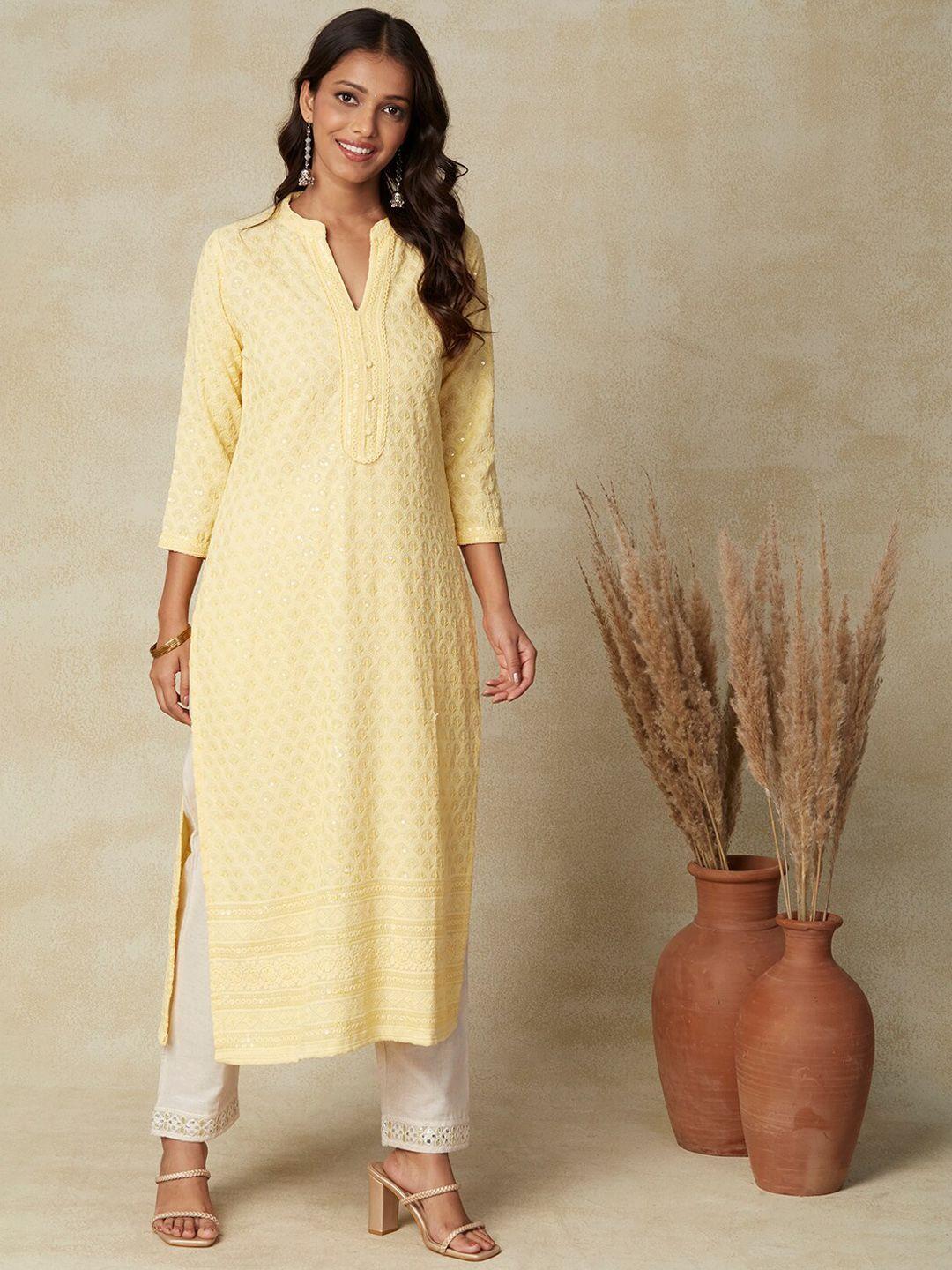 fashor sequinned mandarin collar cotton straight kurta