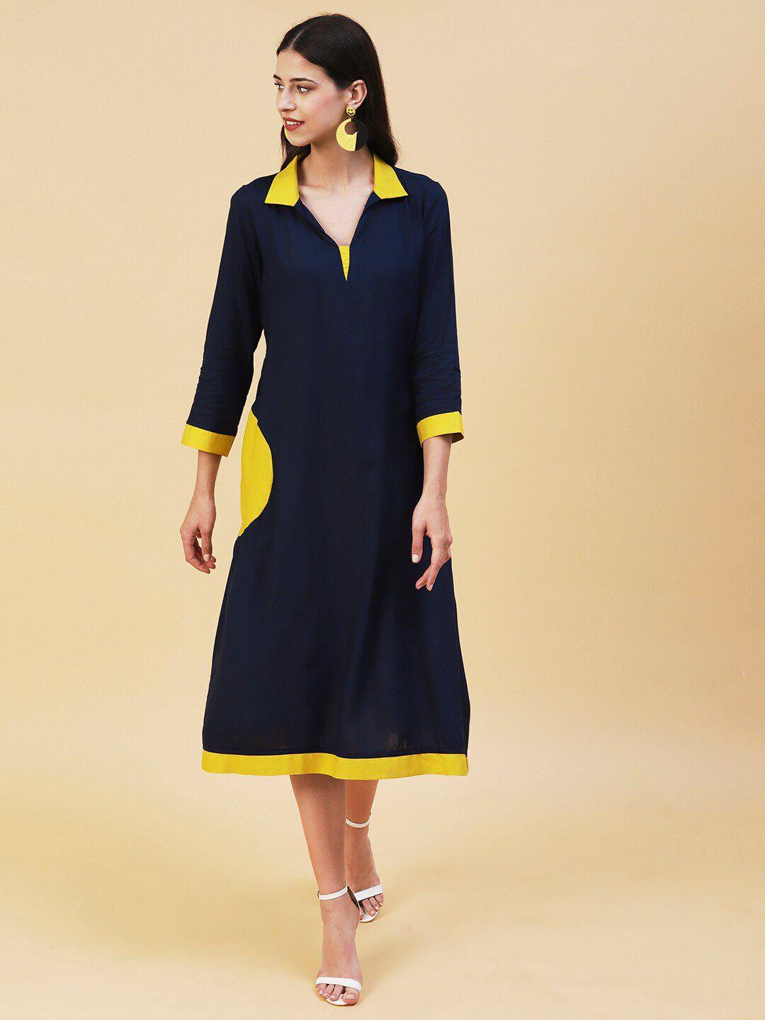 fashor shirt collar colorblocked  a-line midi dress