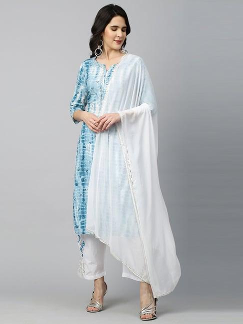 fashor sky blue & white cotton printed kurta palazzo set with dupatta