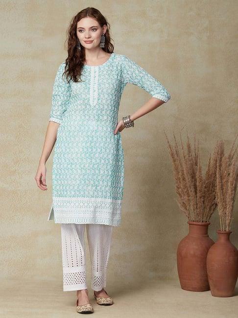 fashor sky blue cotton embroidered straight kurta