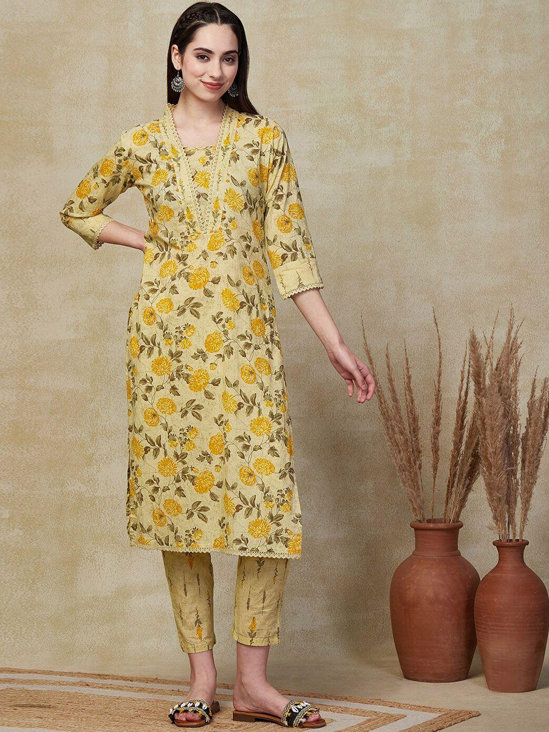 fashor square neck floral printed pure cotton straight kurta with trouser