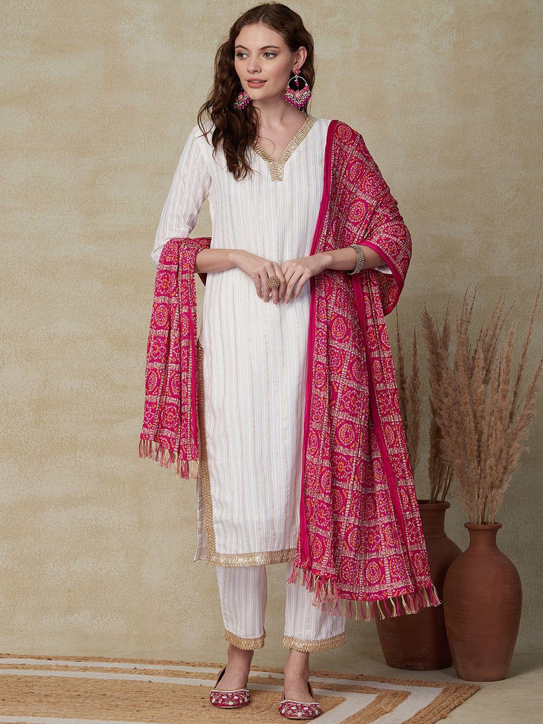 fashor striped regular gotta patti pure cotton kurta with trousers & dupatta