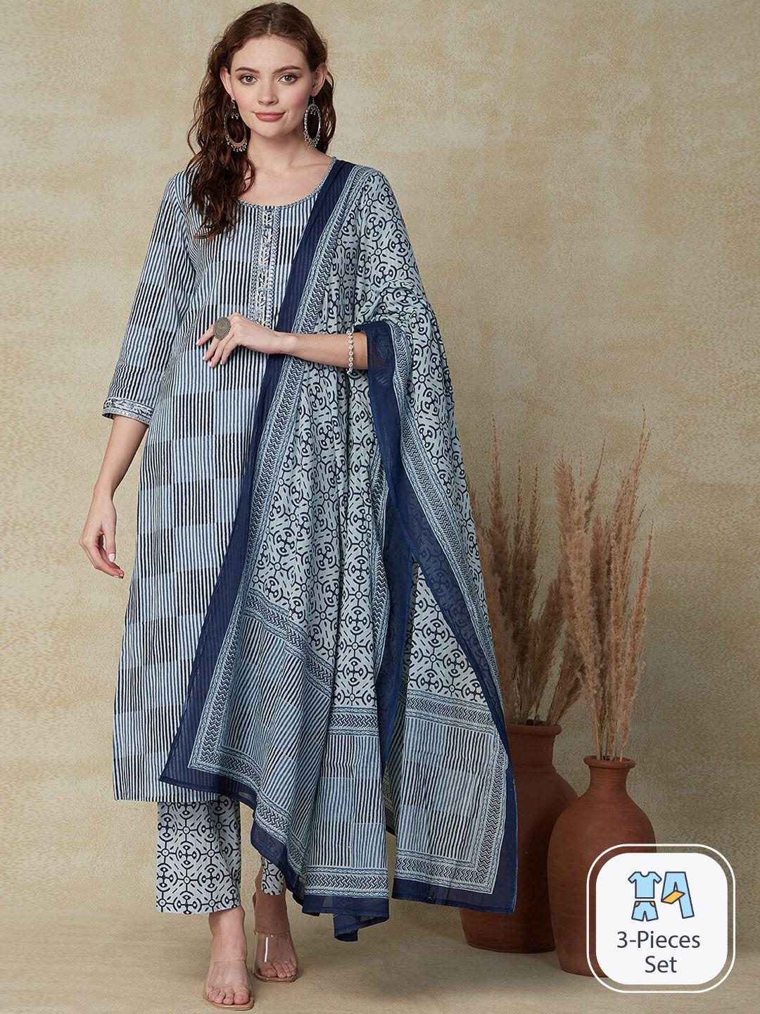 fashor striped regular thread work detailed pure cotton kurta & trousers with dupatta