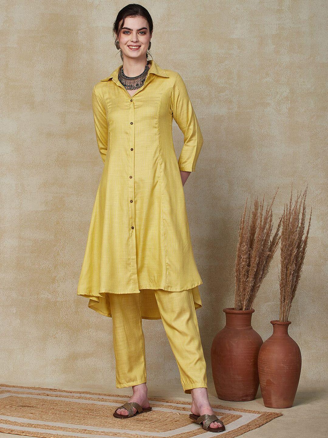 fashor striped shirt collar panelled a-line kurta with trouser