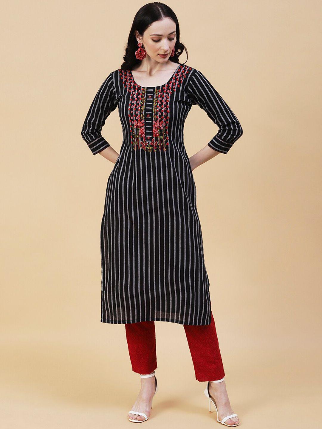 fashor striped thread work cotton kurta