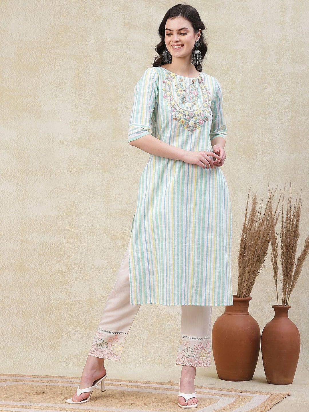 fashor striped thread work round neck a-line kurta