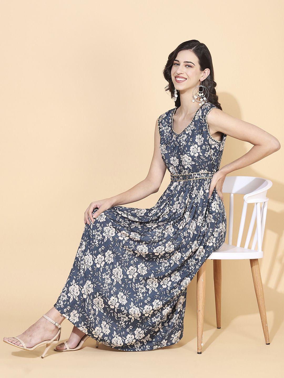 fashor teal & beige floral printed a-line midi dress