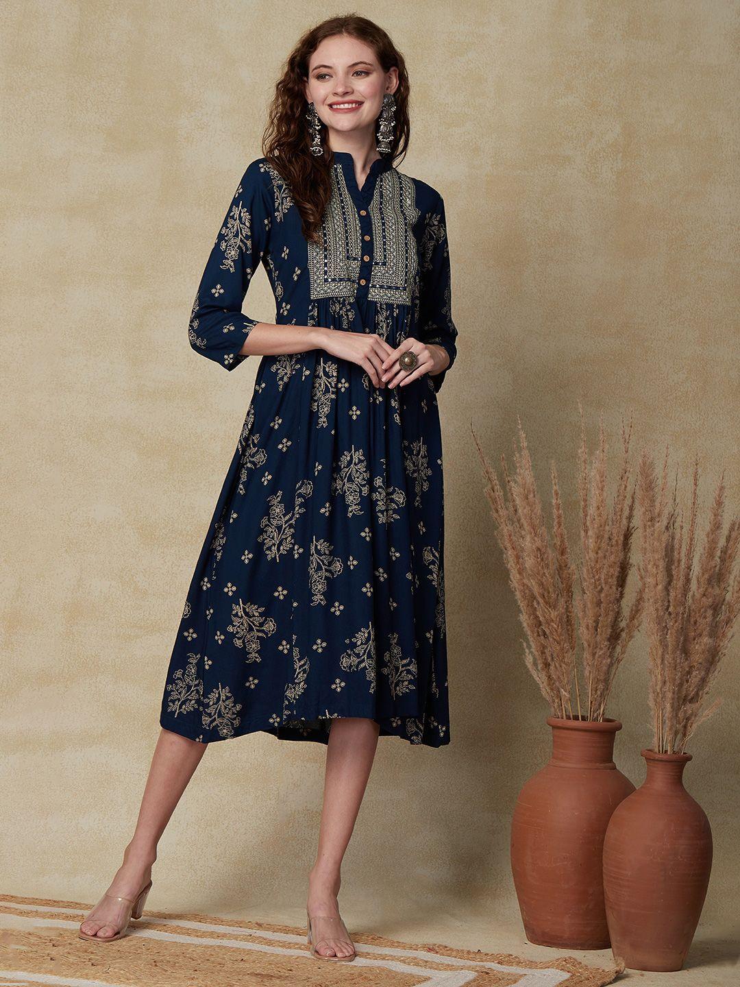 fashor teal & beige floral printed embroidered a-line midi ethnic dress