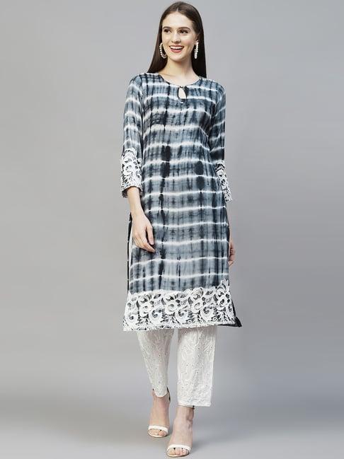 fashor teal blue & white printed kurta pant set