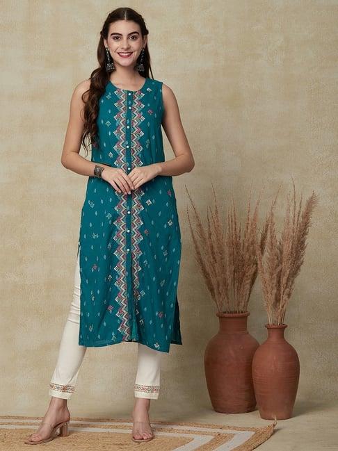 fashor teal blue cotton embroidered straight kurta