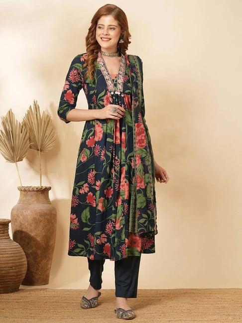 fashor teal blue cotton floral print kurta & pant set with dupatta