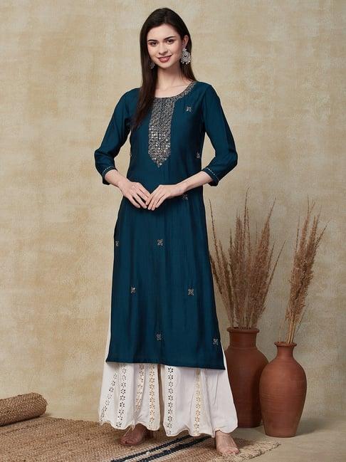 fashor teal blue embellished straight kurta