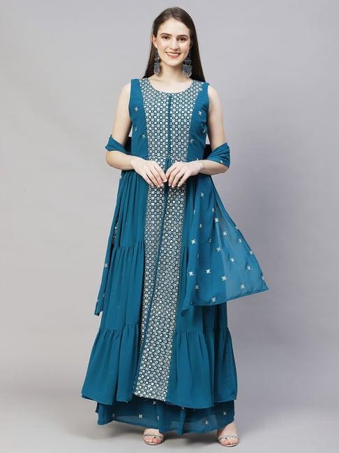 fashor teal blue embroidered kurta palazzo set with dupatta