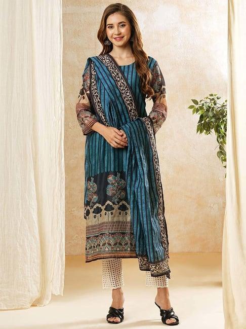 fashor teal blue striped straight kurta with dupatta