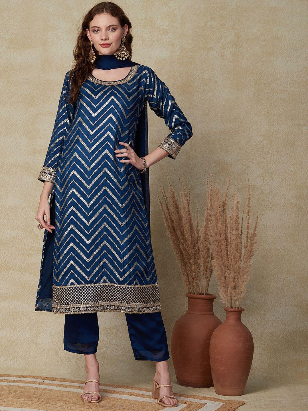 fashor teal chevron printed thread work kurta with trousers & dupatta