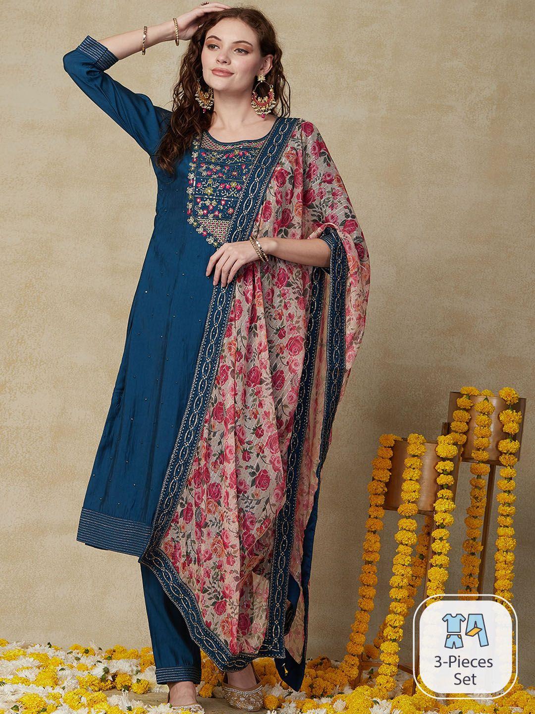 fashor teal floral embroidered mirror work kurta with trousers & with dupatta