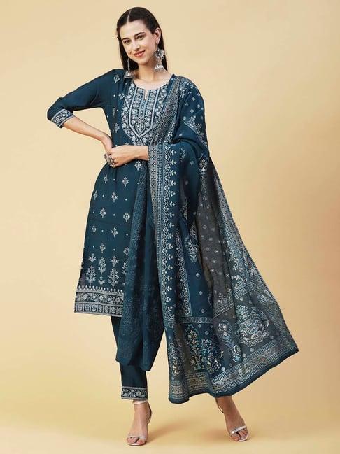 fashor teal green embroidered kurta pant set with dupatta