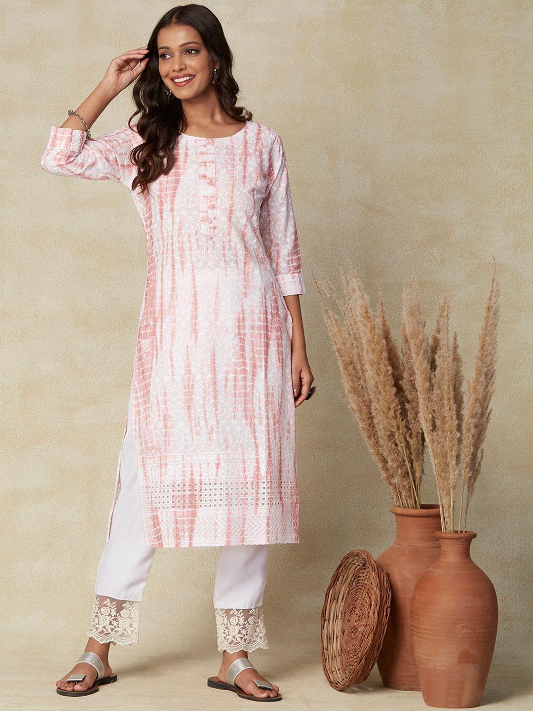 fashor tie - dyed & floral chikankari embroidered cotton kurta