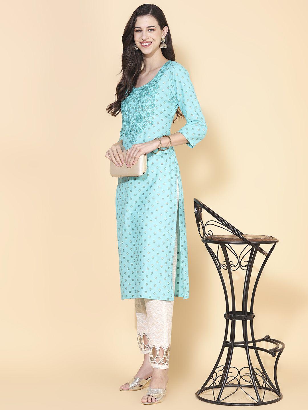 fashor turquoise blue ethnic motifs embroidered thread work cotton kurta