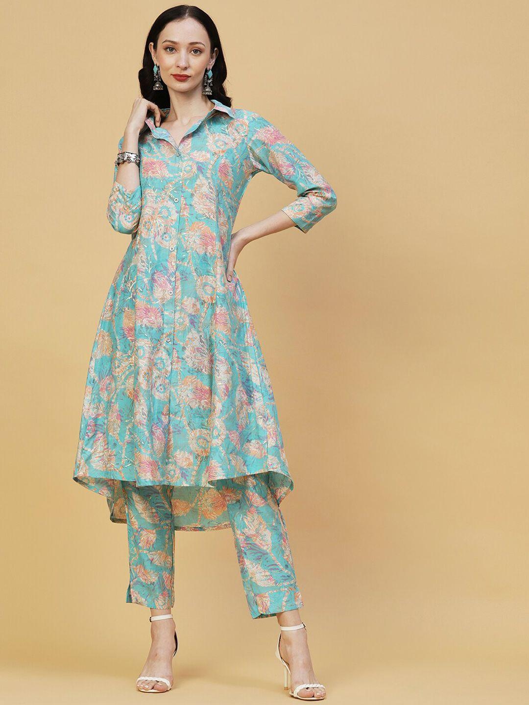 fashor turquoise blue floral printed shirt collar a-line kurta with trousers