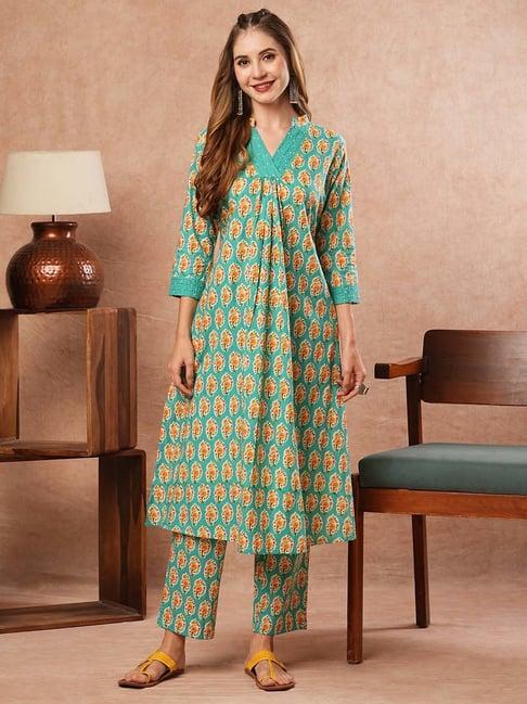 fashor turquoise blue printed kurta & pants set