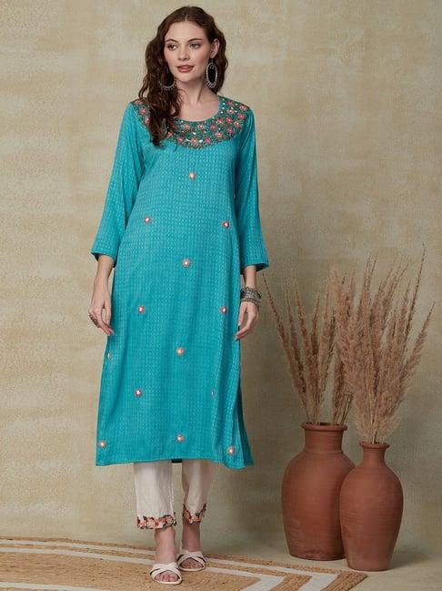 fashor turquoise embroidered straight kurta