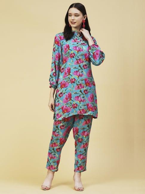 fashor turquoise printed kurti pant set