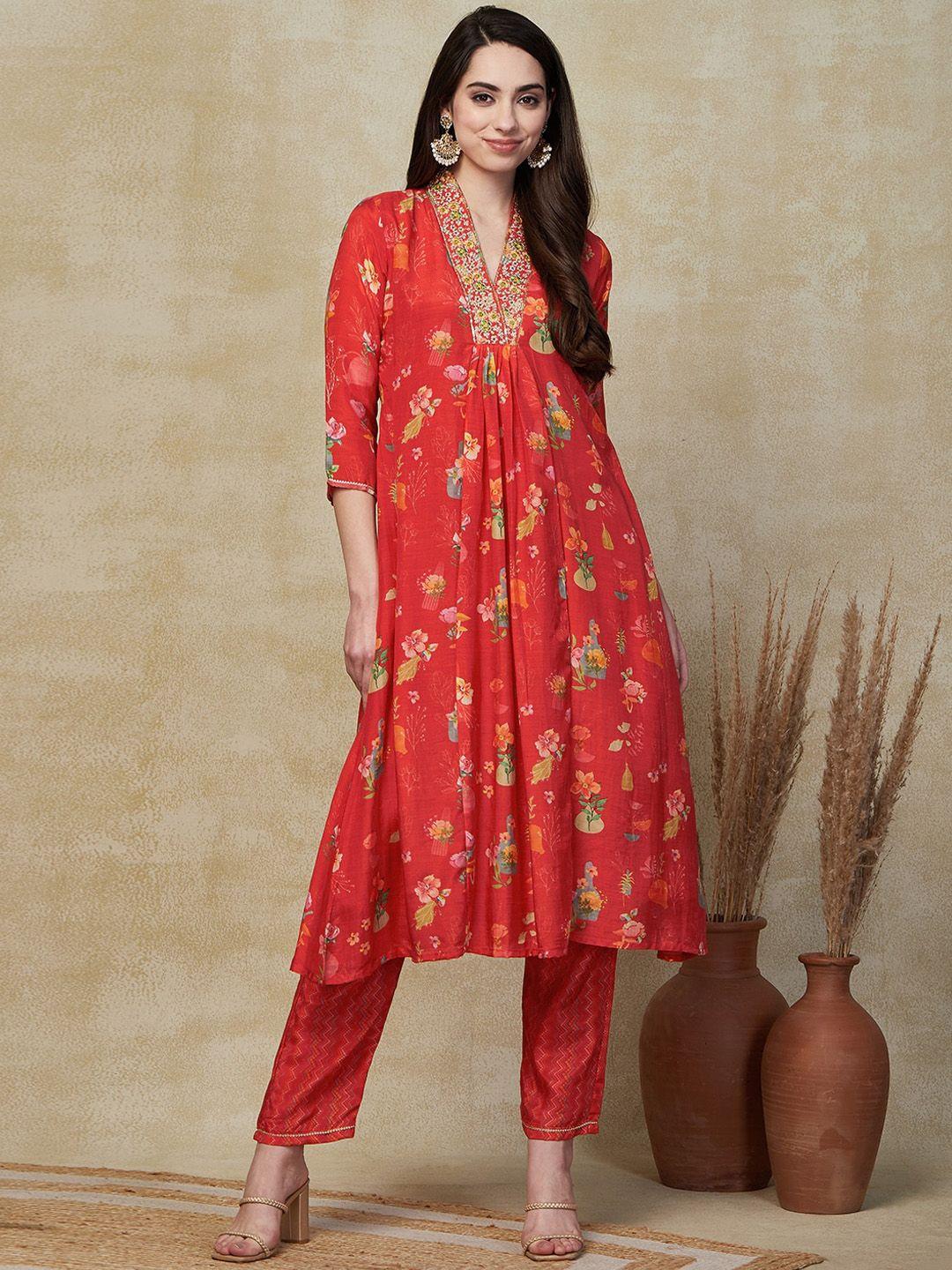 fashor v neck floral printed pleated sequinned a line kurta with trouser