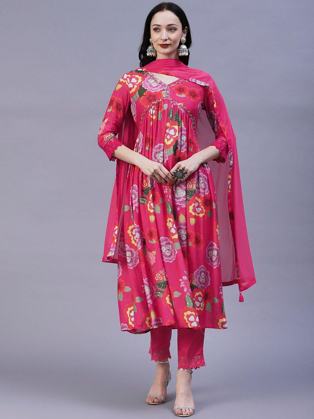 fashor v-neck floral printed sequined kurta with trousers & dupatta