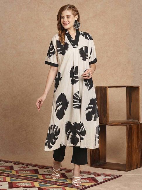 fashor white & black cotton printed kurta & pant set