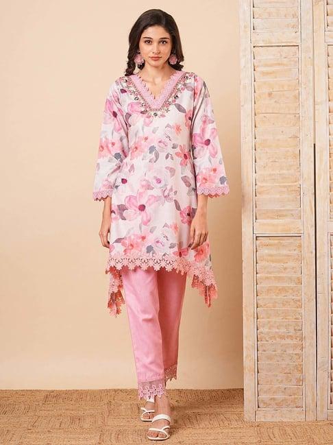 fashor white & pink cotton embroidered kurta & pant set