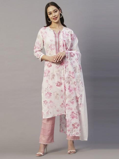 fashor white & pink cotton printed kurta pant set with dupatta