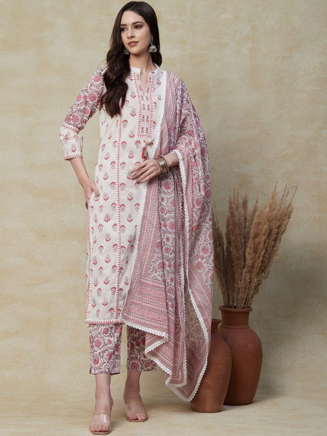 fashor white & pink ethnic motifs printed kurta with trousers & dupatta