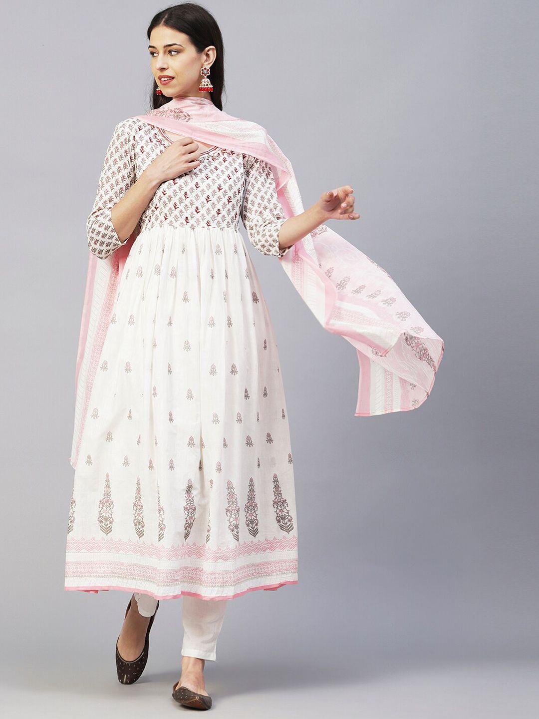 fashor white & pink floral printed mirror work pure cotton kurta with trousers & dupatta