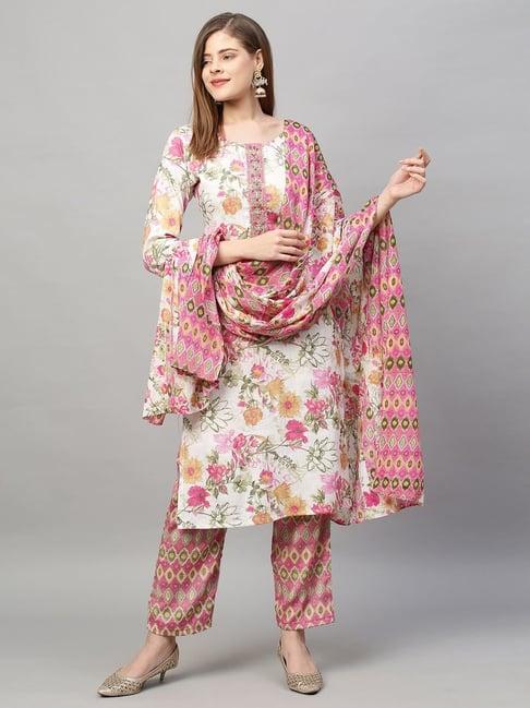 fashor white & pink printed kurta pant set with dupatta
