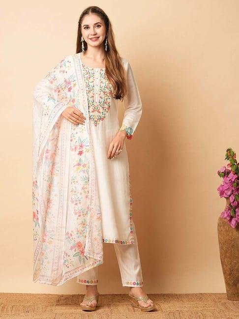 fashor white cotton embroidered kurta & pant set with dupatta