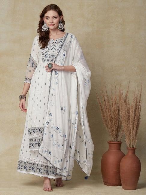 fashor white cotton embroidered kurta palazzo set with dupatta
