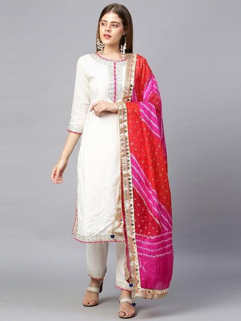 fashor white cotton embroidered kurta pant set with dupatta