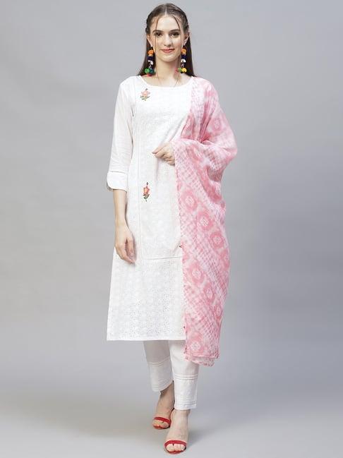 fashor white cotton embroidered kurta pant set with dupatta