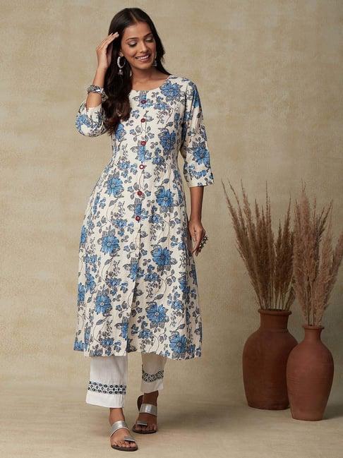 fashor white cotton floral print a line kurta