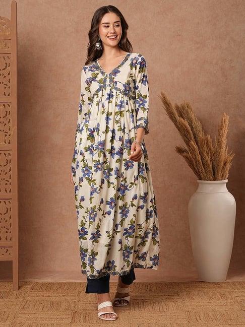 fashor white cotton floral print a line kurta