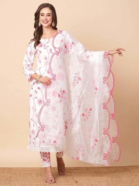 fashor white cotton floral print kurta pant set with dupatta