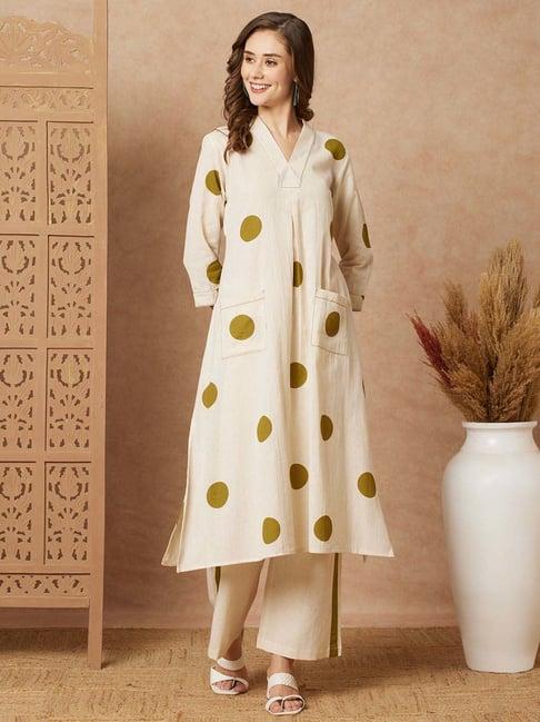 fashor white cotton polka dots kurta & pant set