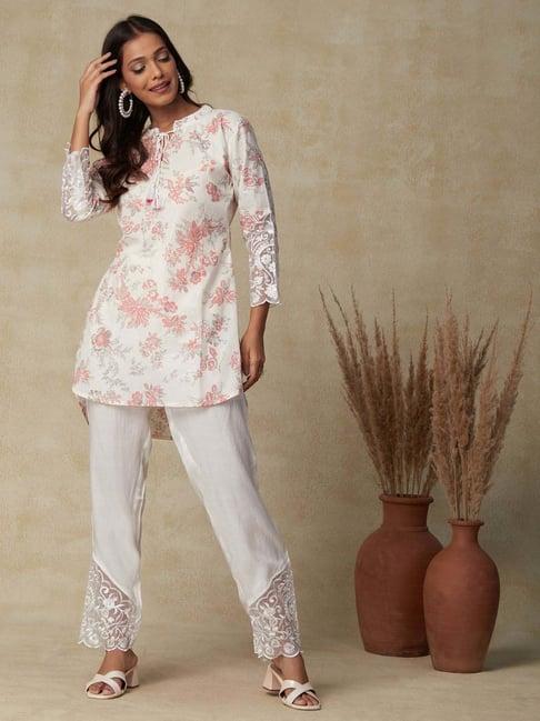 fashor white cotton printed tunic pant set