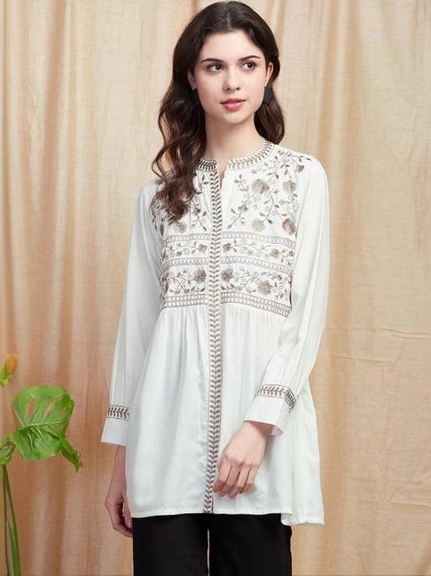 fashor white embroidered a line short kurti